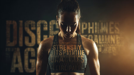 Athletic woman workout strength training focused determination drenched in sweatの素材