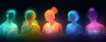 Neon portrait woman girl headphone headset silhouette multicolor glowing line artの素材