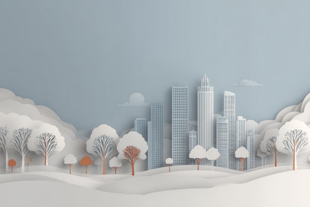 Paper city skyline with winter trees and soft clouds creating calm landscape sceneの素材