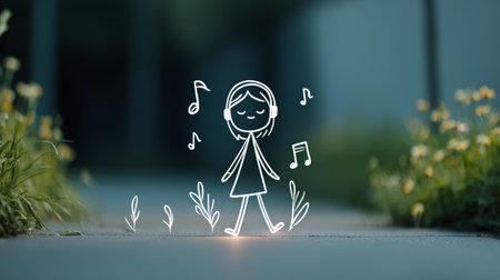 Girl listening to music with headphones walking on sidewalk surrounded by plants and musical notes, calm outdoor scene conveying peaceful strollの素材