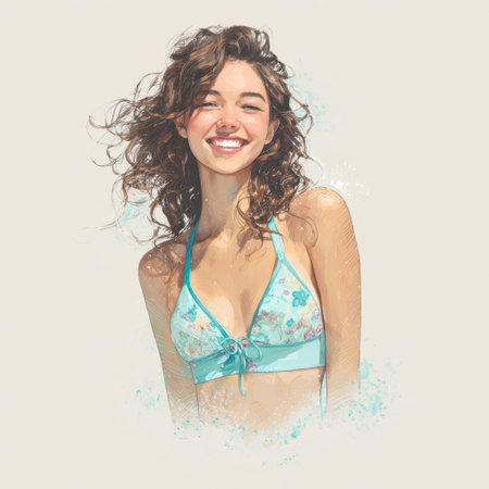 Young woman smiling in floral swimsuit top, smiling woman, curly hair, summer portrait, beachwear, happy expressionの素材