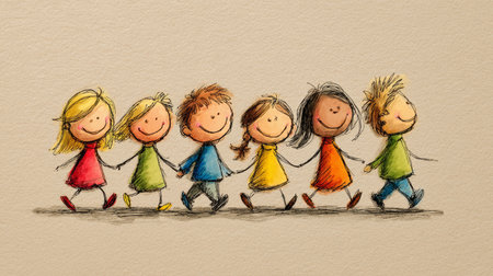Playful children holding hands walking together in colorful clothes smiling happily in row on textured paper with hand drawn sketch styleの素材
