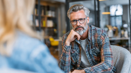 Middle aged man gray hair beard glasses plaid shirt office meeting serious listeningの素材