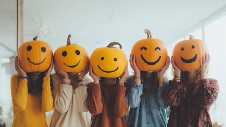 Five cheerful pumpkin face held by diverse friends in cozy fall outfits smiling at camera with warm indoor lightの素材