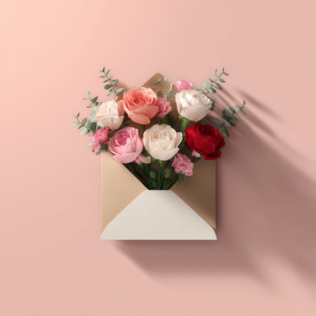 Pink rose bouquet in envelope on pastel background expressing gentle romantic sentimentの素材
