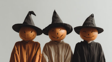 Three jack o lantern heads wearing witch hat and cloaks smiling in row, spooky autumn costume scene with soft studio lightingの素材