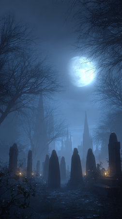 Moonlit cemetery at night with fog and bare trees creating eerie atmosphereの素材