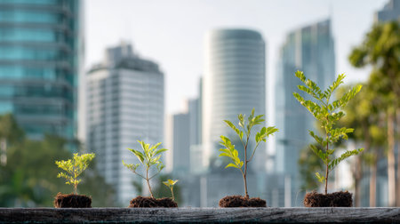 Young tree sapling growth stages on urban rooftop garden conveying hope and progressの素材