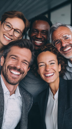 Happy multicultural business team smiling closely for camera in modern office, joyful coworkers sharing candid momentの素材