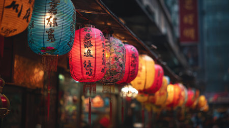 Red paper lanterns hanging in narrow street, warm glow and festive atmosphere at nightの素材