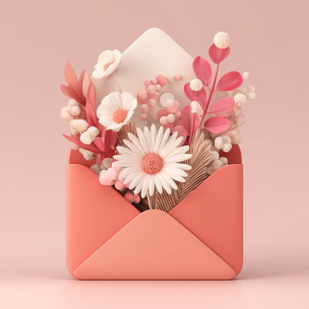 Soft pink envelope with delicate white daisy and pastel floral arrangement conveying gentle affection and warm greetingの素材