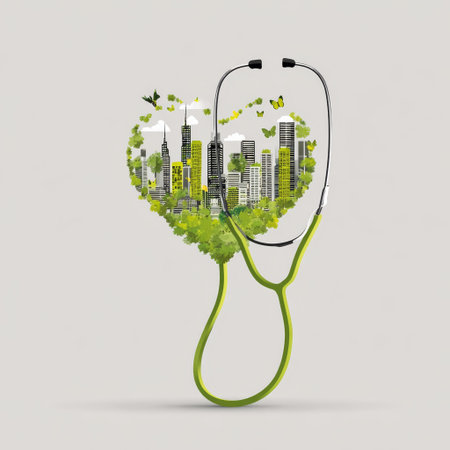 Green heart city skyline with stethoscope symbolizing urban health and environmental care, peaceful and hopeful sceneの素材