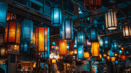 Moroccan lanterns hanging in vibrant market at night, warm orange and cool blue lights creating cozy exotic atmosphereの素材