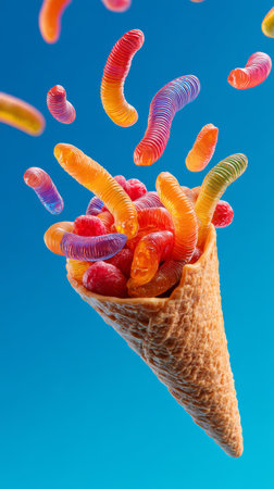 Colorful gummy worms and fruit candy spilling from waffle cone, playful sweet treat in bright studio lightの素材