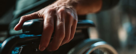 Hand gripping wheelchair armrest, close up of aged hand showing veins and texture, intimate emotional scene of mobility supportの素材