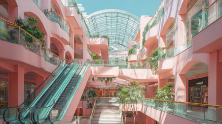 Pink atrium shopping mall with glass ceiling and escalator, indoor palm plants, sunlight and pastel architecture creating serene atmosphereの素材