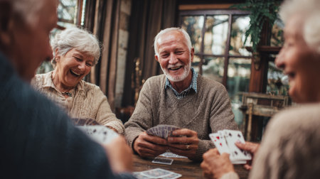 Senior friends playing cards cozy living room warm light happy smiles casual sweaters autumn mood social gathering friendshipの素材