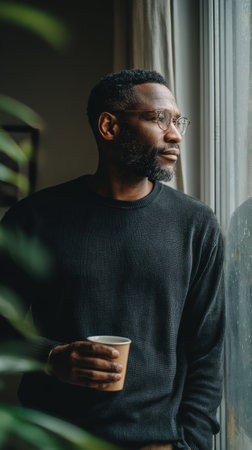 Calm morning light thoughtful man window view coffee cup cozy home rainy day quiet mood reflection casual sweater natural lightの素材