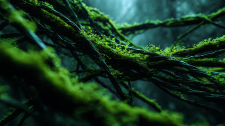 Moss vine forest green texture macro moisture nature detail wild weave breathes calm in misty lightの素材