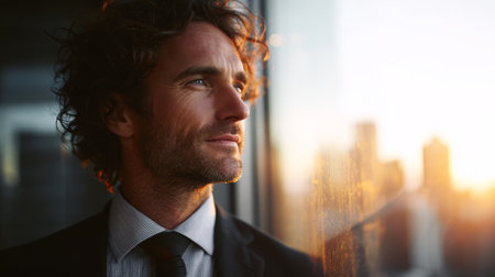 Pensive businessman curly hair beard suit tie window sunset city skyline reflection contemplative moodの素材