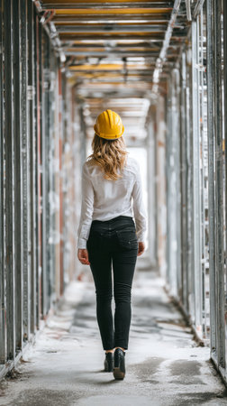 Female engineer walking construction site safety helmet corridor metal framework professional back view urban development progress confidentの素材