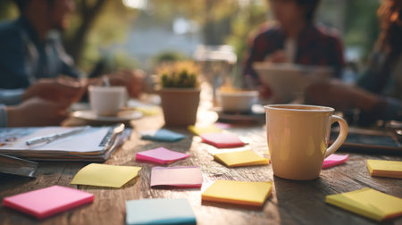 Warm coffee sticky note meeting teamwork planning brainstorm wooden table sunlight morning casual vibe fuels creative focus and friendlyの素材