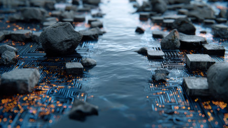 Futuristic circuit board flowing water rocks technology microchip blue glowing abstract science conceptの素材