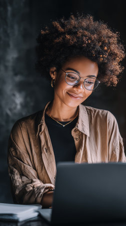 Young professional woman laptop glasses afro hair smile casual workspace focused modern office with warm lightの素材
