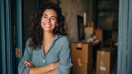 Confident young woman with curly hair striped shirt folded arms warm smile casual style natural light moving boxes home interior doorwayの素材