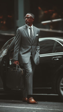 Elegant businessman grey suit leather briefcase city street luxury car confident stride corporate style urban scene morning commuteの素材