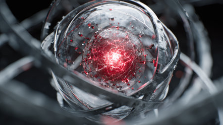 Atomic core energy sphere red glow glass swirl quantum concept science abstract particle nucleus technologyの素材