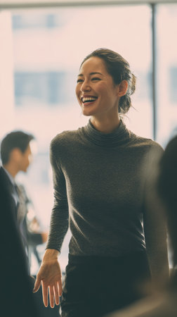 Confident businesswoman smiling office natural light candid professional meeting modern teamwork happy energy flowingの素材