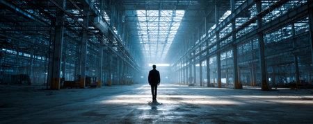 Lonely silhouette abandoned warehouse industrial architecture moody light blue tone symmetry perspective urban decay solitude spaciousの素材