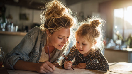 Mother daughter drawing cozy kitchen natural light blond hair casual outfit smiling bonding family education homeworkの素材