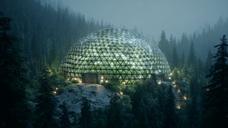 Geodesic dome glass forest night mist lights architecture eco futuristic hillside sanctuary glows softly amid pine trees and fogの素材