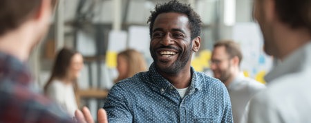 Cheerful man handshake office meeting teamwork casual shirt smile friendly greeting coworker happyの素材
