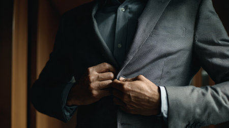 Business suit formal attire man buttoning jacket closeup hands grey shirt corridor confident mood enhances focusの素材