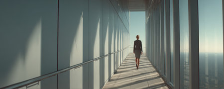 Businesswoman corridor modern glass architecture sunlight shadow perspective city skyline with calm mood and focus on ambitionの素材