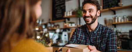 Friendly barista coffee shop plaid shirt smiling man small box counter cafe warm light customer service urbanの素材