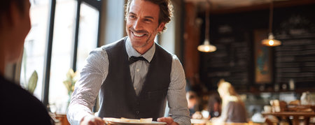 Smiling waiter cafe service hospitality barista coffee customer counter cheerful casual atmosphere. Smiling waiter serves coffee cozy cafe withの素材