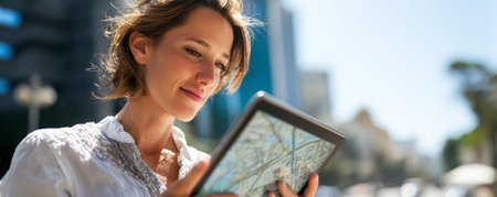 Woman using tablet city map outdoor daylight travel navigation urban modern casual focus exploration feels hopeful and curiousの素材