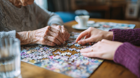 Elder hands young hands jigsaw puzzle wooden table cozy home natural light intergenerational family bonding caregiving patience. Gentle momentの素材