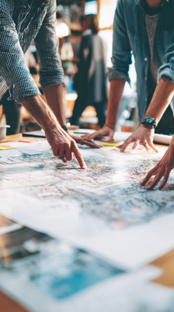 Team meeting business strategy planning collaboration brainstorming office teamwork hands map documentの素材