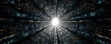 Futuristic tunnel cyberpunk neon light burst sci fi abstract digital symmetry glowing perspective immersive energyの素材
