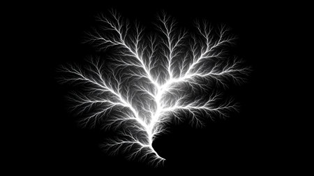 Fractal lightning branch pattern on black background, electric tree vein abstract art, high contrast glow, dramatic energy flowの素材