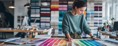 Creative studio color palette designer workspace swatches printing modern focused planning layout flow with calm energyの素材