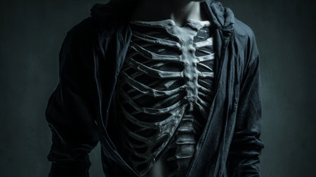 Moody rib cage dark jacket gothic style eerie anatomy shadow detail dramatic light human torso spooky vibe macabre artの素材