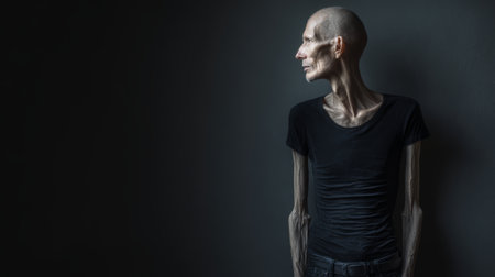 Bald man thin profile black shirt moody light shadow minimalist isolated studio portrait with somber mood, quiet tension, contemplative gazeの素材