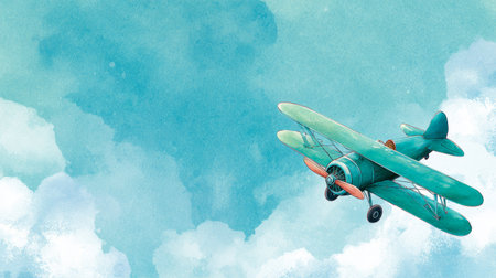 Vintage biplane teal aircraft blue sky fluffy cloud retro flight open cockpit propeller adventure travel freedom wanderlustの素材