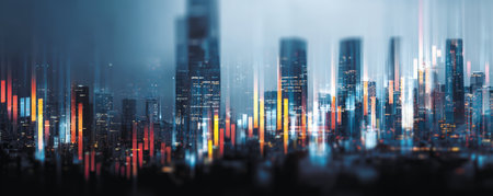 Futuristic city skyline, blurred skyscraper lights, neon color bars, financial chart overlay, night fog mood, urban finance energyの素材